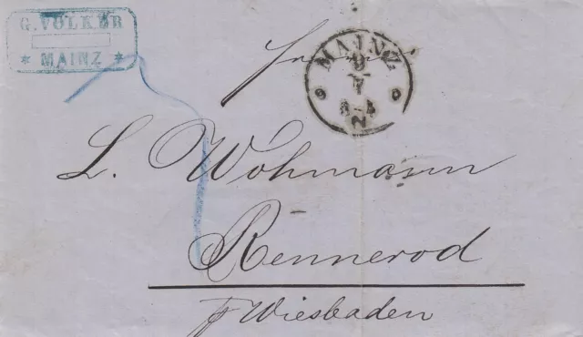 Hessen vollständiger Vorphilabrief aus dem Jahr 1867 von Mainz nach Rennerod