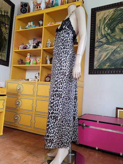 Vtg Leopard Vanity Fair Backless Maxi Nightgown Deep V Lounge Pinup Dress M/L 3