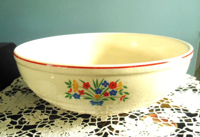 1940s Mixing Bowl, Ridged with Red Ring, Flowers, Ovenproof, Universal Potteries