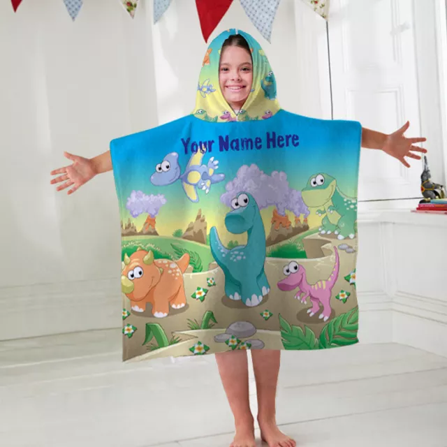 Kids Personalised Hooded Towel Poncho Dinosaur Childrens Bathrobe Swim Bath Sun