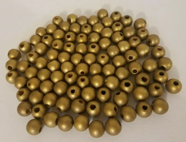 Lot of 100 Gold Painted Wood Vintage Macrame Craft Beads 18mm Round