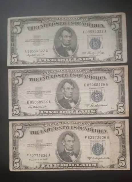 1953 Series $5 Blue Seal Silver Certificate 3-Piece Complete Collection!