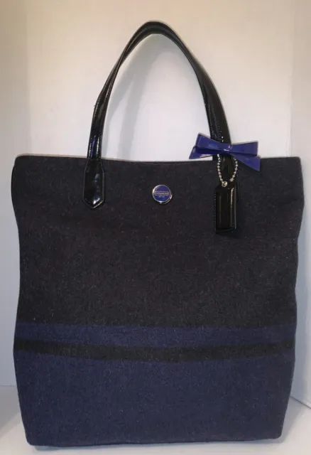 Coach 24665 Stripe Wool North South Tote Bag Charcoal With Blue Stripes EUC 15”