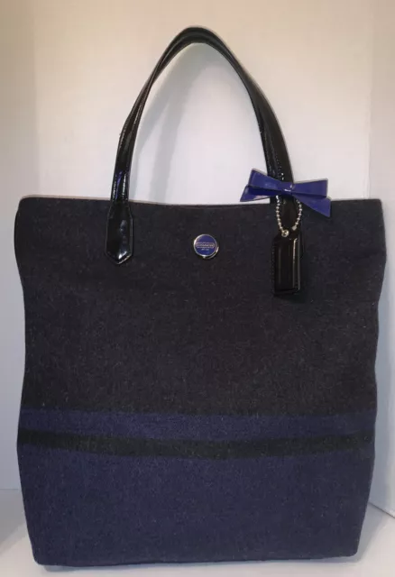 Coach 24665 Stripe Wool North South Tote Bag Charcoal With Blue Stripes EUC 15”