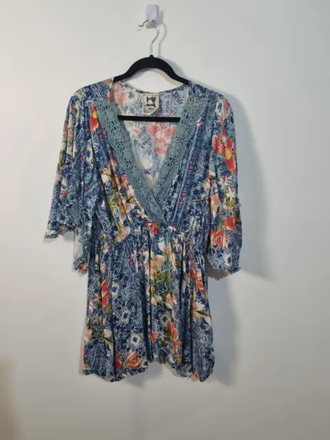 JAASE size L blue floral v neck short flared sleeve v neck fit flare rayon dress