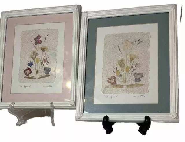 Vtg Wildflowers 2 Framed Pressed Matted Signed Dried Flowers Handmade Paper Art