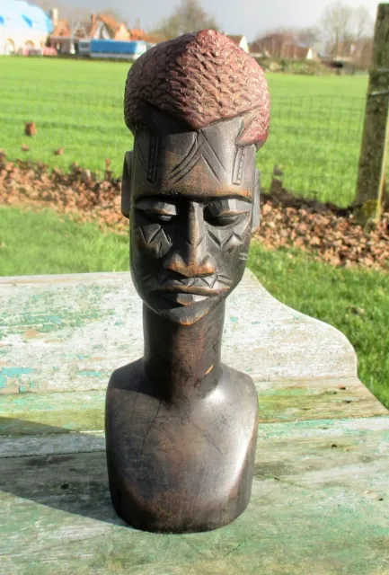 Vintage African Statue Hand Made Carved Wood Tribal Art Man Red Head