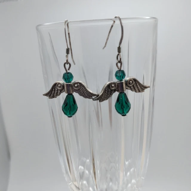 Swarovski Green Crystal Angel Earrings Sterling Silver Earwires New 1" Dangle