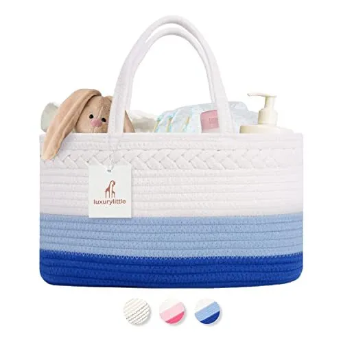 Diaper Caddy Organizer Cotton Rope Nursery Basket, Large Off White and Blue