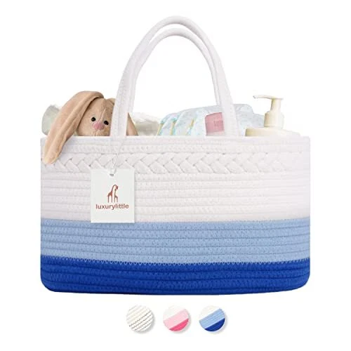 Diaper Caddy Organizer Cotton Rope Nursery Basket, Large Off White and Blue