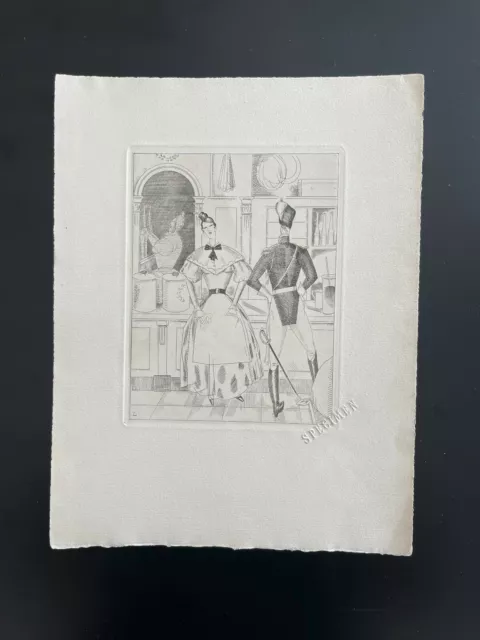 Belle et rare grande gravure Art Déco signée personnages estampe ancienne