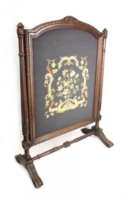 Victorian Antique Ornate Wood Carved Needlepoint Embroidered Fireplace Screen