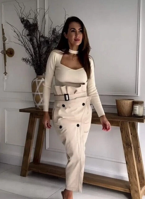 ZARA NEW WOMAN High Waist Midi Paperbag Gabardine Skirt Beige S