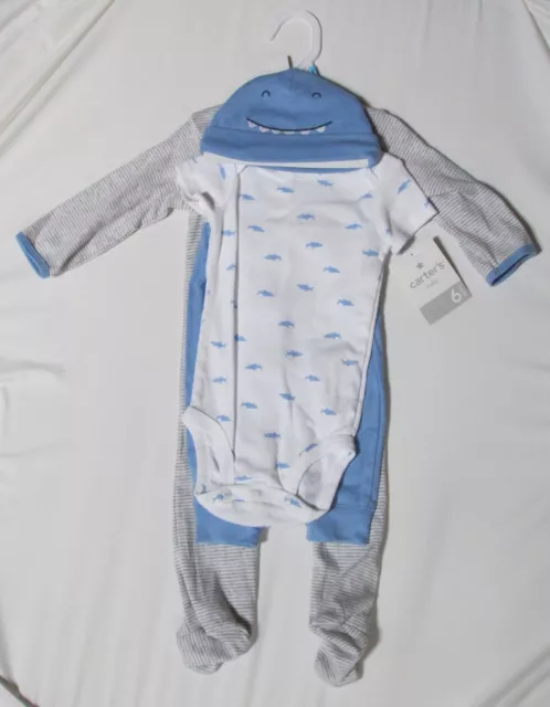 NEW Carters Baby Boy Bodysuit Pants Blue Layette Set Sz 6 Months Shark Outfit