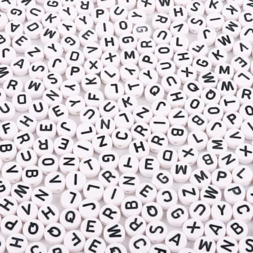 1000 piezas alfabeto de cuentas de letras acrílicas 7 x 3,5 milímetros, redondo blanco y negro
