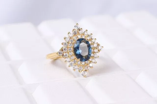 14k London Blauer Topas Ring, Massiv Gold Bündel, Solitär Diamant Jubiläum Gift