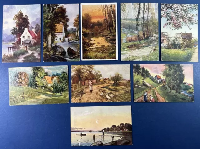 9 Nice Landscape Mixture Greetings Antique Postcards. Scenes. 3 Artist Signed