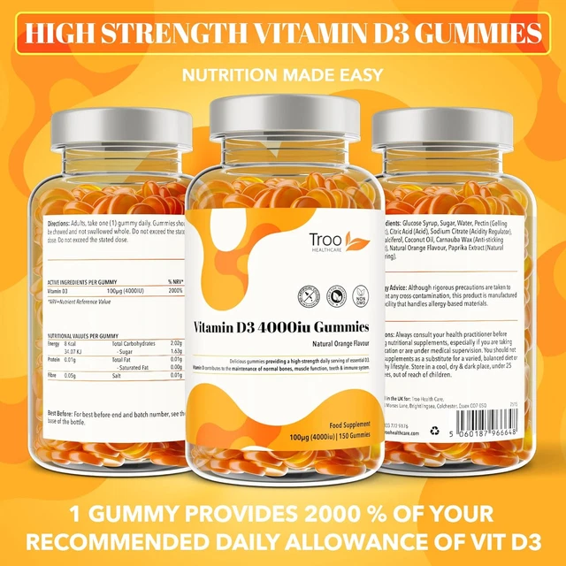 VITAMIN D3 4000IU 150 Natural Orange Flavour Chewable Gummies Five