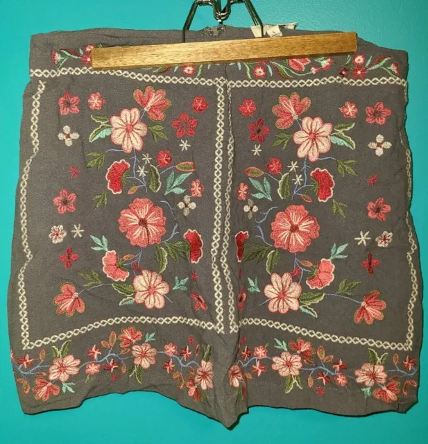 Umgee Size Large L Gray Mini Skirt Embroidered Floral Tapestry Boho Festival