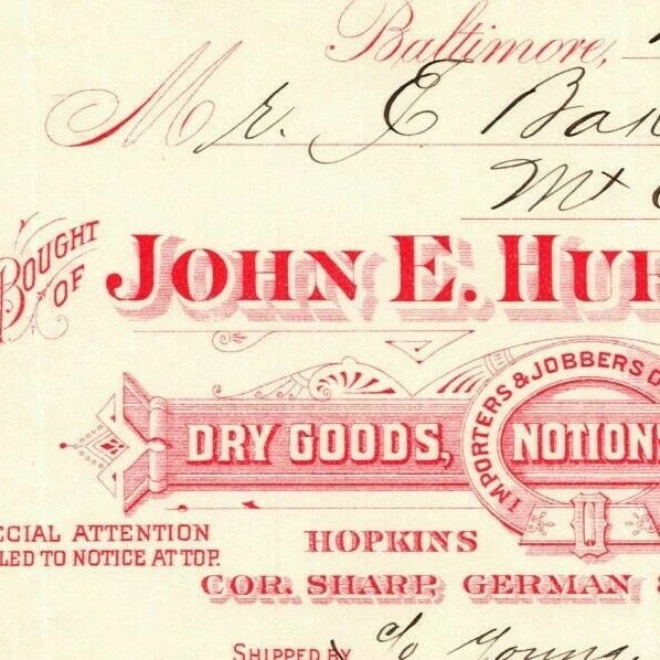 1898 $9.17 Letterhead Billhead John E. Hurst Dry Goods Baltimore Ephraim Baker*