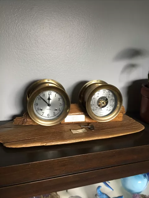 Working Vintage Brass Chelsea Ship Clock Set On Duncan Bay Shipwreck Wood