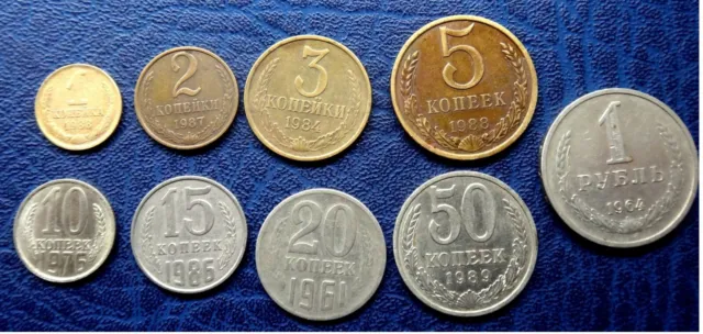 RUSSIA  USSR 1961-91 * FULL SET COINS 1-2-3-5-10-15-20-50 kopeks+1ruble * XF-UNC