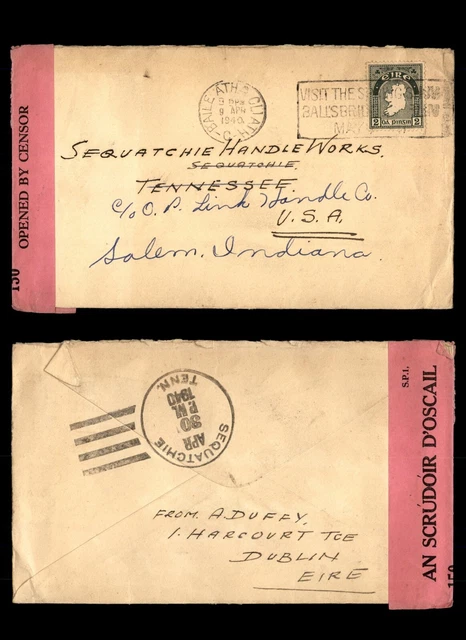 Mayfairstamps Ireland 1940 to Sequatchie Censored WWII Cover aag_31883