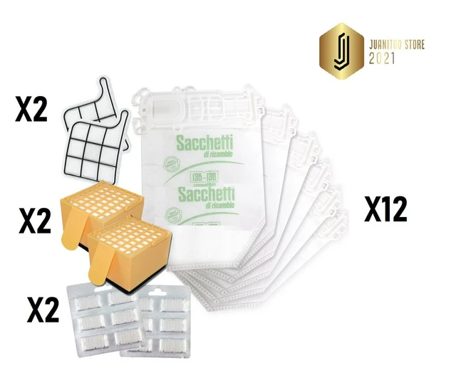 Kit Ricambi Folletto VK135 VK136 - 12 Sacchetti, 12 Profumi, 4 Filtri F24, Non Originali Ma Compatibili