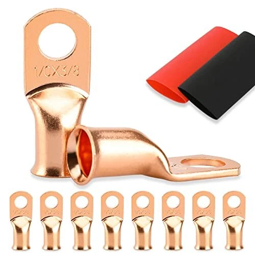 8PCS Battery Cable Ends, 1/0 Gauge Wire Connectors 3/8 Copper Wire Lugs, Bare