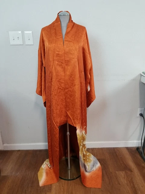 Vtg Japanese Handmade Kimono Red/ Orange Floral Print