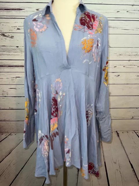 Free People BLUE CHAMBRAY FIELD OF BUTTERFLIES Tunic Swing Top Large Rayon