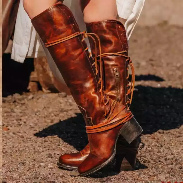 Freebird Cognac Brown Leather Coal Boots Women's Sz 6 Laces Up The Back/Side Zip