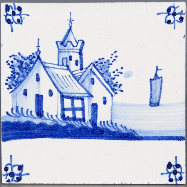 Nice Dutch Delft Blue tile, landscape with a church, circa 1900.