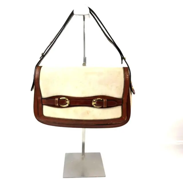 Gucci Vintage Shoulder Bag Horse Bit Ivory Brown Canvas Leather MBa0250