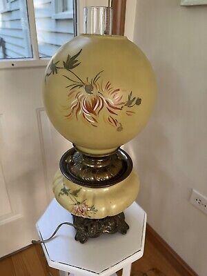 Antique Victorian Era Electrified Painted Flowers Hurricane Lamp