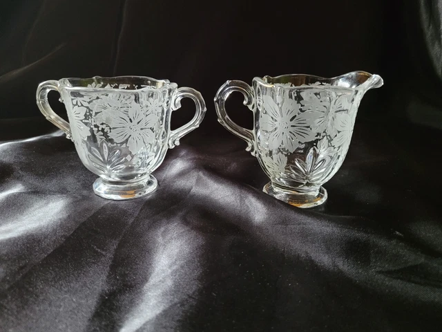 Vintage Clear Glass Cream and Sugar Set Etched Floral Design pressed glass