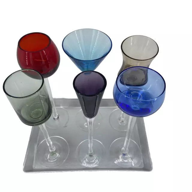 Artland Long Stem Liqueur Glasses Set of 6 Multi Color Jewel Tone with Tray, Box