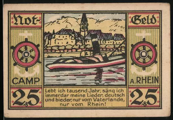 Notgeld Camp /Rh. 1921, 25 Pfennig, Teilansicht, Kirschen, Frachter, Steuerräde