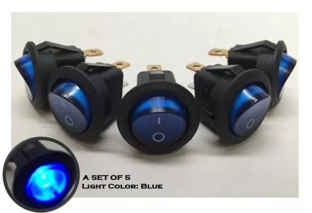 5 Pcs Marine Boat Automotive Car Small Round Blue Led Rocker Switch Spst On/Off