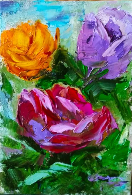 Original Art Roses Flowers Mini Painting Oil impasto Floral Painting Size 4х6 in