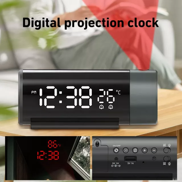 LED Digital Smart Alarm Clock Projection Time Temperature Projector LCD Display