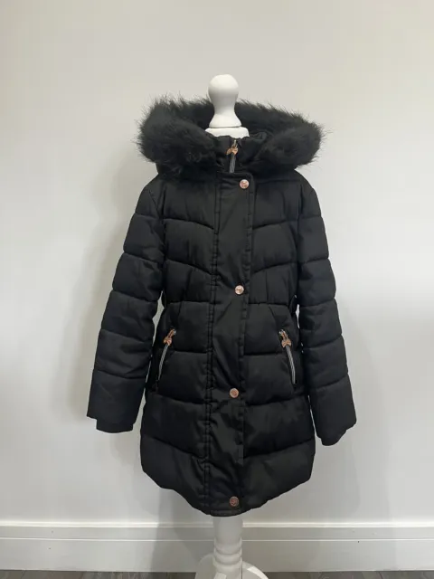 Ted Baker Girls Black Padded Quilted Warm Fur Trim Coat Age 6 Years Fab Cond