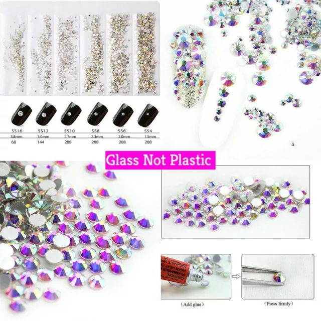 1400pcs 6 Size AB Diamante Gems Crystal Rhinestone 3D Nail Art Decoration UK