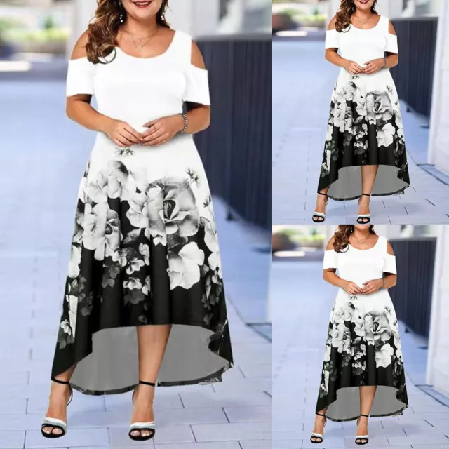 Plus Size Womens FLoral Cold Shoulder Short Sleeve Midi Dress Evening Party Gown