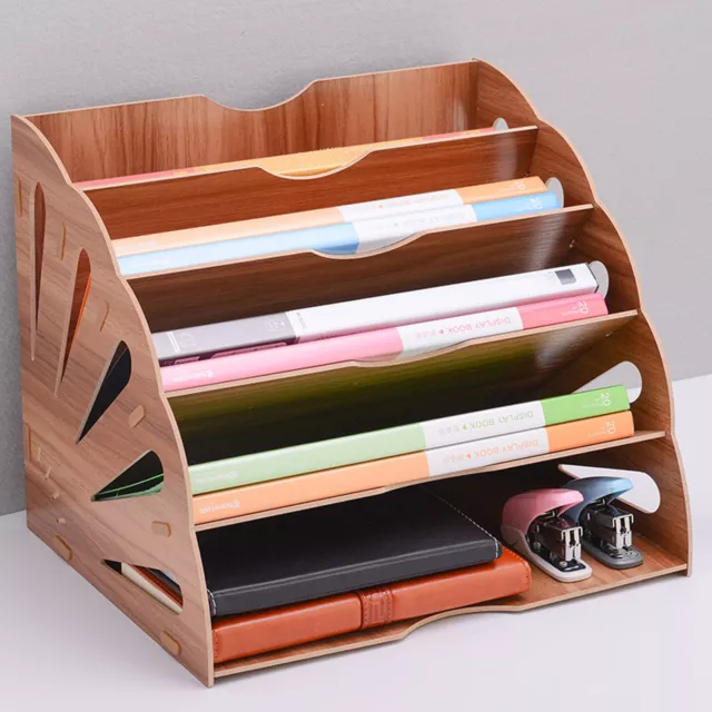 Fan-Shaped Desk File Organizer 5 Compartment Magazine Holder Brown Letter Tray