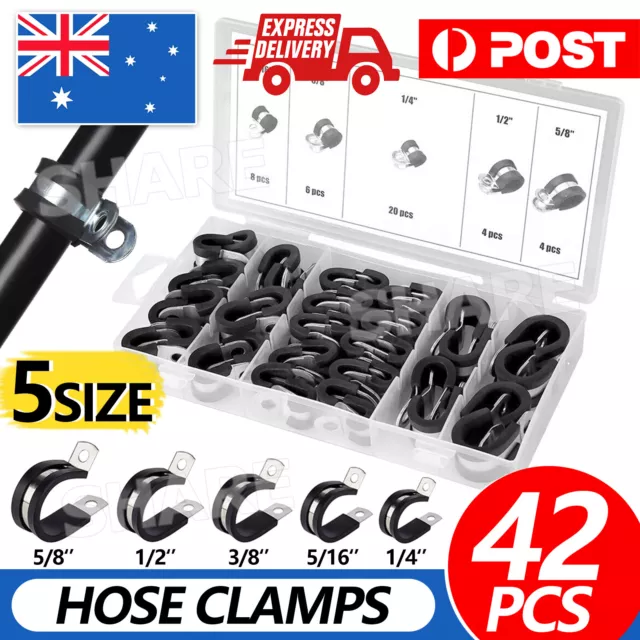 42pcs EPDM Rubber Lined P Clips Cable Hose Clamps Pipe Holder Air Clip Clamp Kit