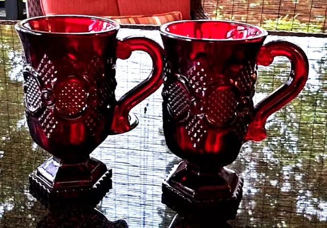 2 Vintage Avon Cape Cod Ruby Red Glass Footed Pedestal 5" Coffee Mugs Cups