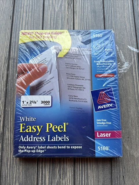 NEW- 5160 Avery Easy Peel Mailing Address White Laser Labels -3000 labels in box