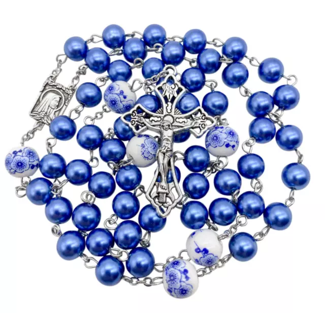 Blue Pearl Beads Rosary White Flowers Beaded Necklace Lourdes Medal & Crucifix