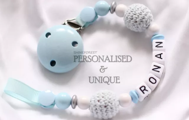 Blue Crochet Dummy Clip Personalised Dummy Chain Pacifier Clip for Baby Boy